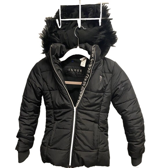 Guess Girls Lined Puffer Warm Coat Black Faux Fur Lined Logo Hood Sz Small 7-8